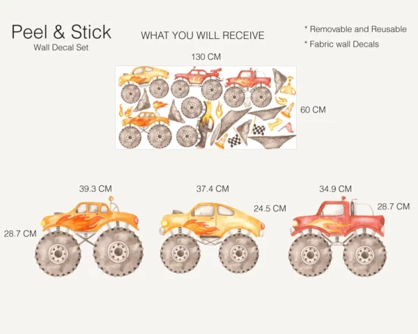 Monster Trucks Watercolor Wall Decals