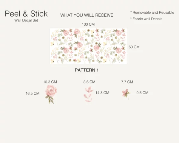 Watercolor Pottery Pink Flowers Wall Decals Pattern 1